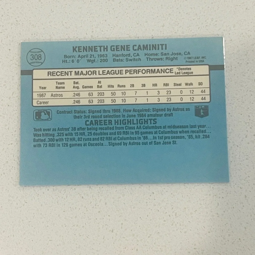 1988 Donruss Ken Caminiti Houston Astros Rookie Card 308 MLB Baseball